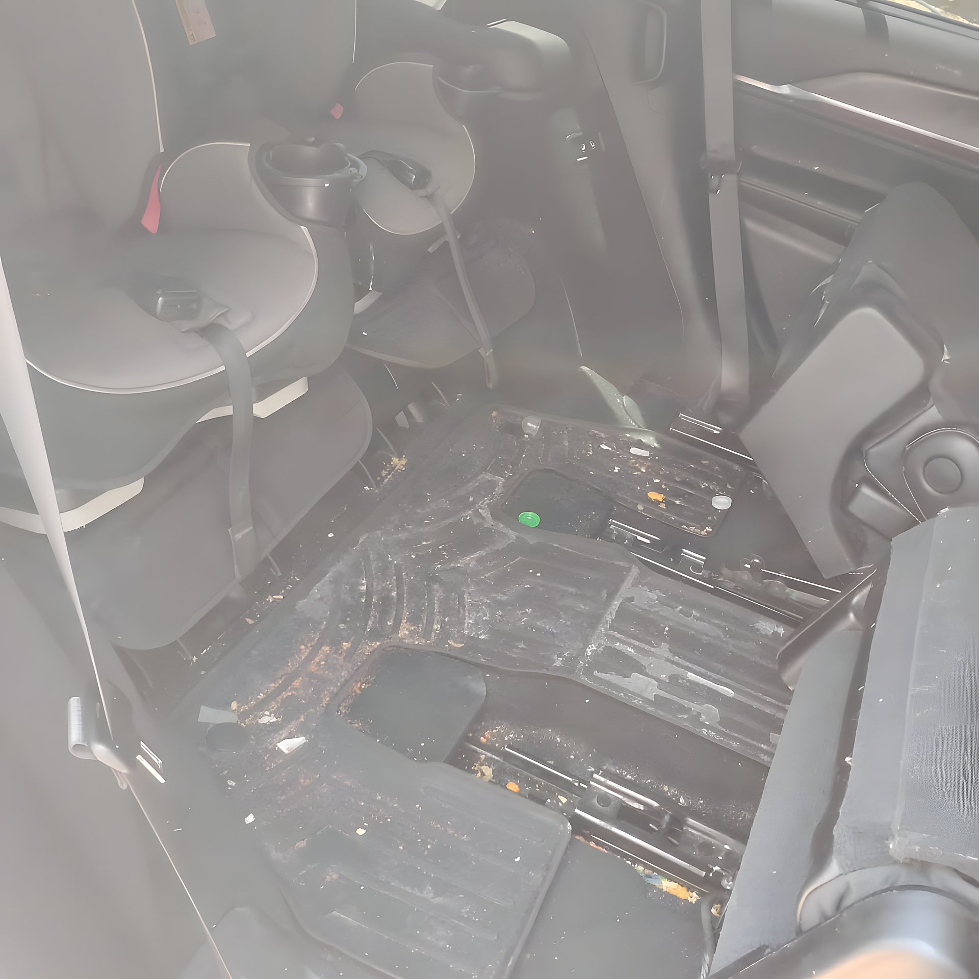 Before: rear floor with a child seat and debris, ready for a deep interior detail